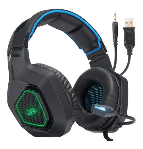 Fone de ouvido over-ear gamer Knup KP-488 preto e azul com luz LED