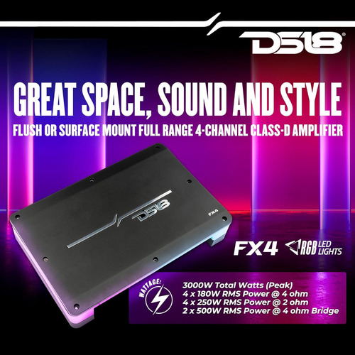 Amplificador Fx4 De 4 Canales Ds18 Con Cubierta Acrílica, Montaje Empotrado Y Luces Led Rgb Dream Para Instalación Personalizada. Clase D