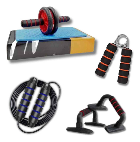 Kit Rodillo Rueda Abdominal Barra Push-up Cuerda Ejercitador