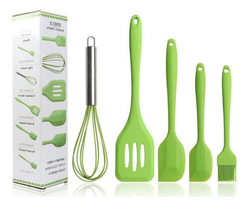 Kit Espátulas Silicone Pincel Fuê 5 Peças Cozinha Verde