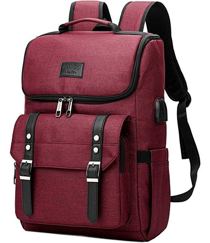 Mochila Vintage Para Laptop Con Usb Rojo