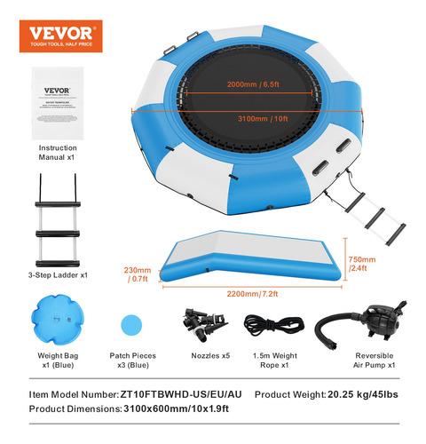Trampolin Acuatico Inflable Con Tobogan Azul Y Blanco 10pies