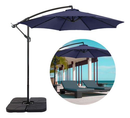 Ombrelone Guarda Sol Praia jardim lateral 3m liso Revomax com Base 60L Cor Azul-marinho
