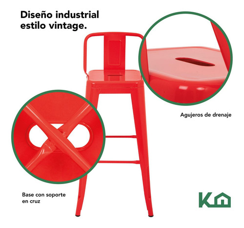 Set De 2 Sillas Banco Alto Con Respaldo Tipo Tolix Vintage Hogar Color Rojo KingsHouse