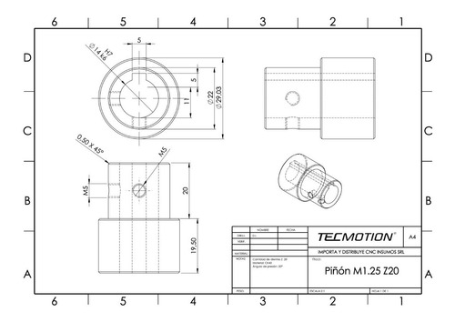 Piñón Engranaje Helicoidal M1.25 Z20 P Cremallera Router Cnc