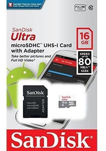 Cartão Micro Sd 16gb Sandisk Classe 10 80mb/s C/ Nota Fiscal