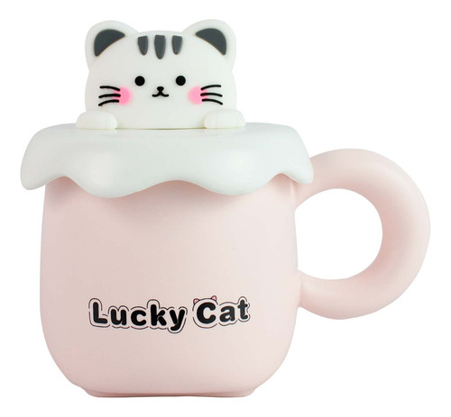 Taza Gato De Ceramica Tapa Y Cuchara Kawaii Kitten Tc-9 Color Rosa Ym6430