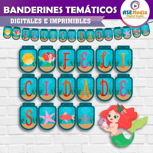 Banderín Sirenas Letrero Banner Cumpleaños Imprimible Pdf