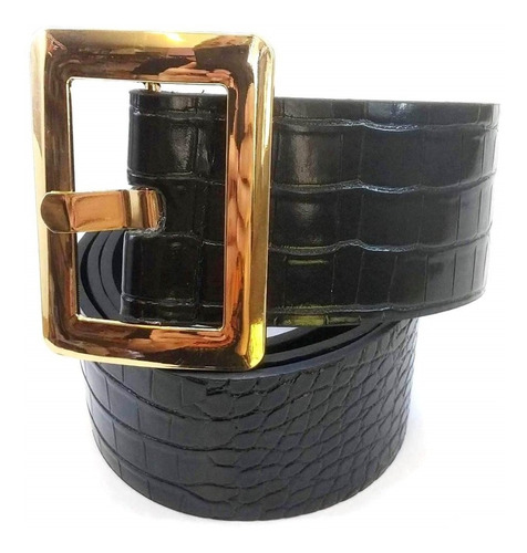 Imagen 3 de 7 de Cinturon Faja Ancho Eco Cuero Reptil Hebilla Dorada / Plata