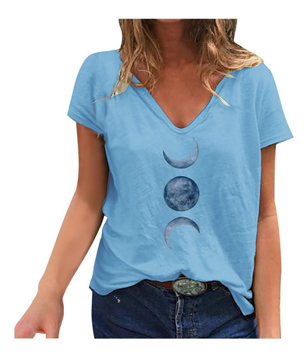 Camiseta Manga Corta Para Mujer Cuello V Luna Sol Blusa S