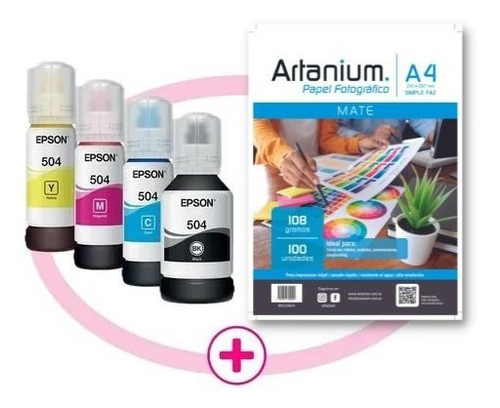 Tinta Original Epson T504 Para L4150 Pack X4 + Papel Foto A4