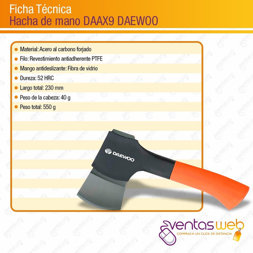 Imagen 3 de 4 de Hacha De Mano Daewoo Daax9 23 Cm 550 Grs Acero Al Carbono