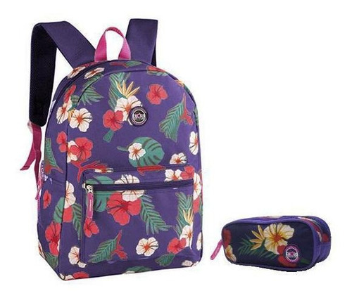 Mochila De Costas Cross Style Flores Com Estojo Duplo -lilás