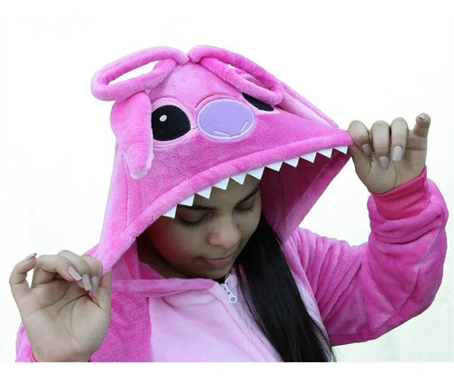 Pijama Macacão Pelúcia Angel Stitch Kigurumi Original Disney
