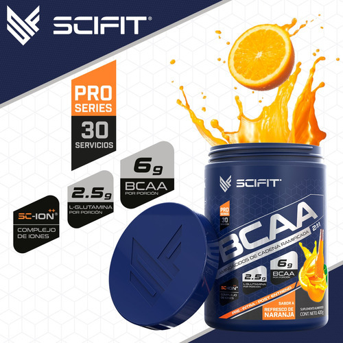 Aminoácidos Scifit BCAA + Glutamina 420g | Complexo Iônico de Refrigerante de Laranja
