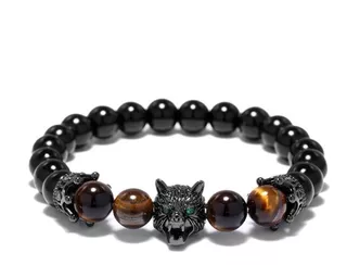 Manilla Pulsera Piedras Corona Onix Ojo De Tigre Lobo Hombre