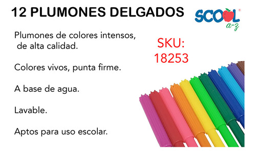 12 Plumones Delgados Redondos Escolares Lavables Punta Fina