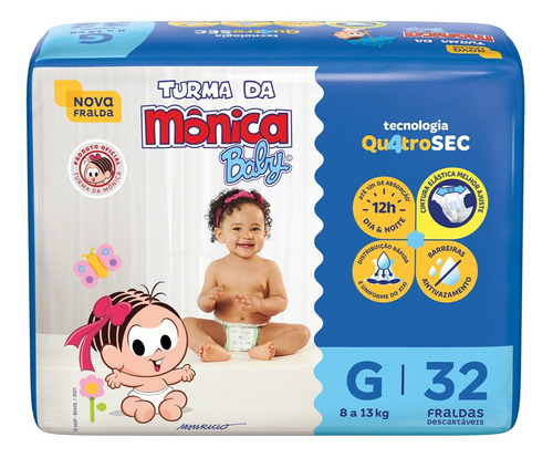 Fralda Descartável Infantil Turma da Mônica Baby G Pacote 32 Unidades