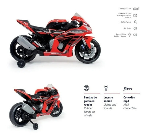 Moto Montable Eléctrica Para Niños Honda Cbr 12v Injusa Roja Color Rojo