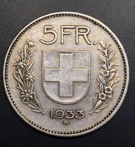Swi161 Moneda Suiza 5 Francs 1933 Vf Plata Ayff