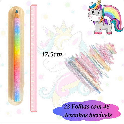 Kit Livro Unicórnio + Lápis Arco Íris + Cx 12 Lápis De Cor Pastel Presente Dia Das Crianças Livro Para Colorir Com + De 40 Desenhos Incríveis Brinquedo Infantil