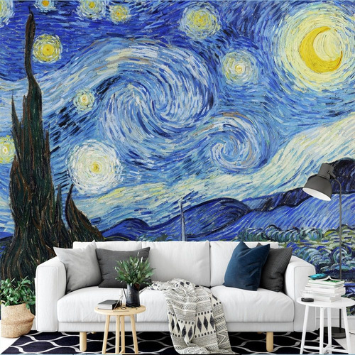 Vinil Fotomural Adhesivo Van Gogh Noche Estrellada A Medida Color Azules