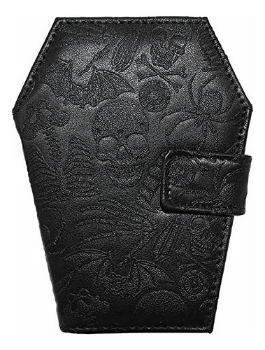 Cartera Vegana Ataúd Relieve Calavera Piel Sintética Negra