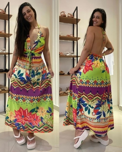 Vestido Longo Frente Única Estampado Com Elástico Amarração