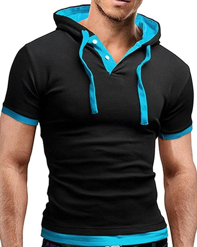 Remera De Hombre Con Capucha Manga Corta, Negro Con Turquesa