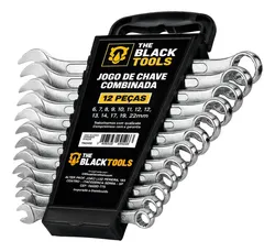 Jogo de 12 chaves combinadas cromadas The Black Tools no suporte