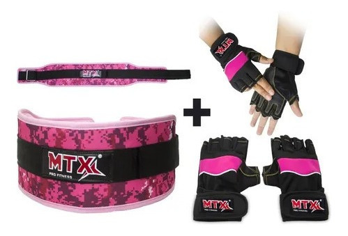 Faja Para Pesas + Guantes Gym Pack2 Rosa Mujer Powerlifting