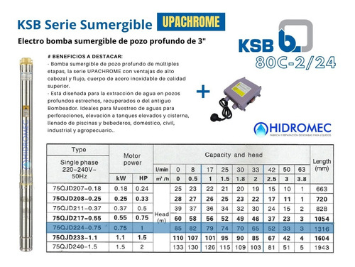 Imagen 4 de 8 de Bomba Sumergible Pozo Ksb Upachrome 3 PuLG 1 Hp + Cable 30m