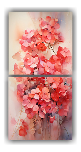 120x60cm Hortensias Rojas Y Doradas En Set De 2 Telas En Bas