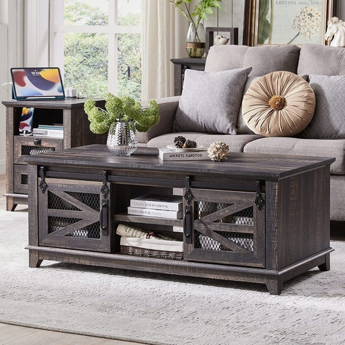 Okd 48'' Coffee Table With Storage & Sliding Barn Doors Cent