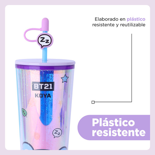Miniso Vaso Con Tapa Y Popote Bt21 Koya Plástico Tornasol 80