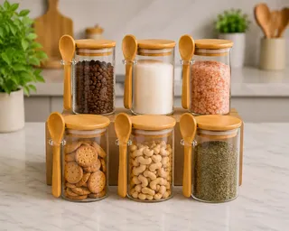 Kit 6 Potes De Vidro Herméticos 200ml Com Tampa De Bambu E Colher Porta Mantimentos Café Açúcar Temperos Grãos Organizadores Cozinha
