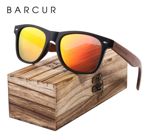 Anteojos de sol polarizados Barcur BC8700 con marco de policarbonato color negro, lente naranja de triacetato de celulosa espejada, varilla madera de nogal