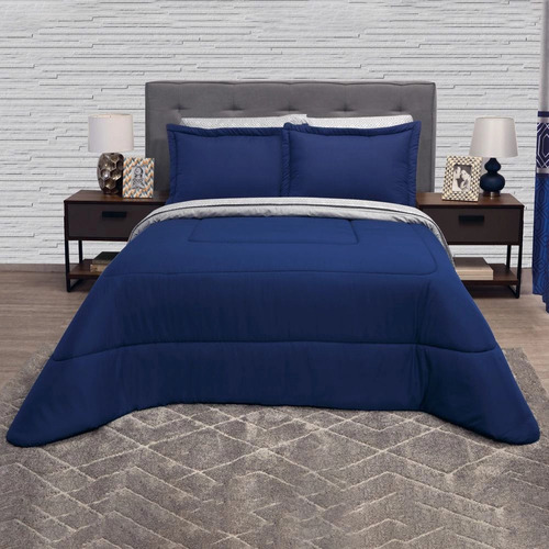 Edredon King Size Con Juego De Sabanas Beige Azul Lugo