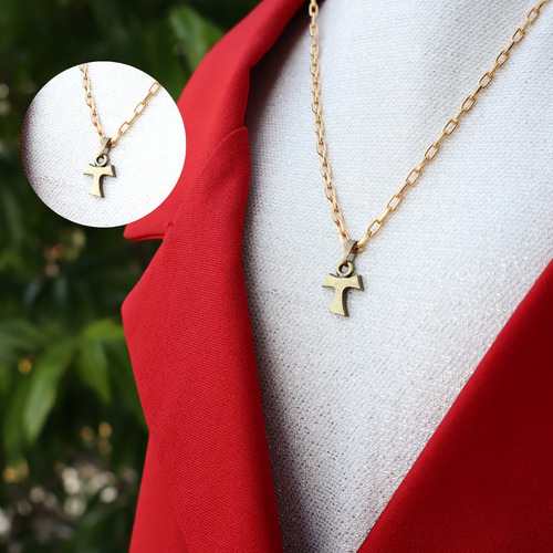 Colar Banhado A Ouro Com Medalha Mini Tau Franciscano 574 Cor Azul