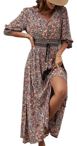 Vestido Boho Estampado Con Cinturón Y Mangas Siete Cuartos