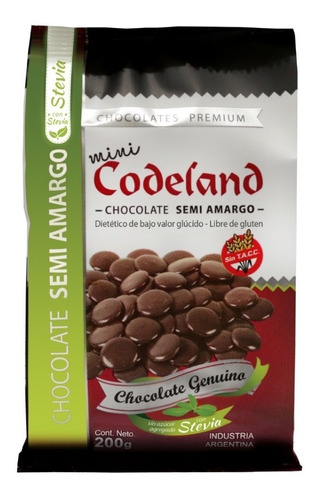 Imagen 1 de 3 de Chocolate Sin Azucar Semi Amargo Mini Codeland X 200 Grs