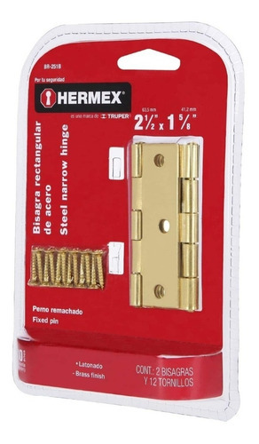 Bisagra Rectangular 2-1/2'' Latón Blister 2 Pz Hermex 43208