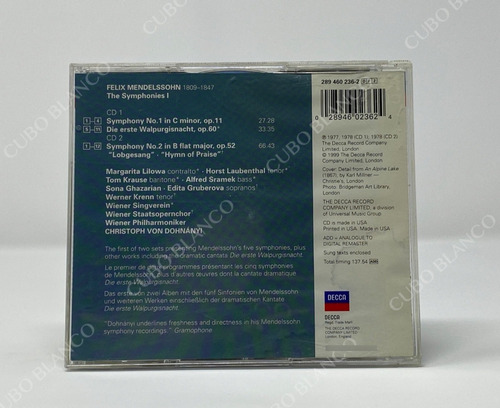 Mendelssohn - The Symphonies L: Symphonies Nos 1 & 2 - 2 Cds (Usado)