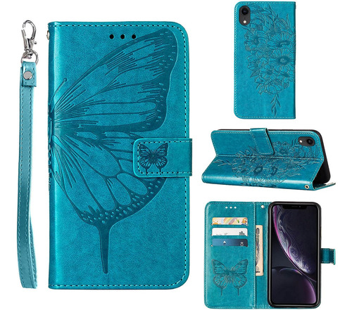 Funda Para iPhone XR - Azul Con Mariposas + Tarjetero