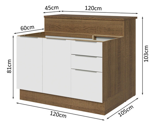 Ilha De Cozinha Com Bancada E Balcão 120 Cm Stella Madesa Cor Rustic/branco