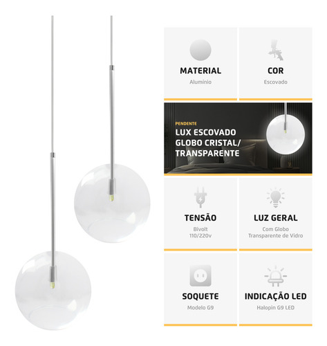 Kit 3 Pendente Lux Escovado Globo Vidro Cristal 25cm + Led