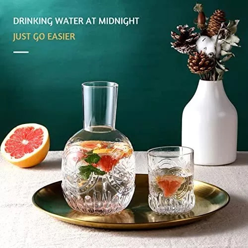 Jarra de agua de noche de cristal transparente, jarra de cristal vintage  para mesita de noche con taza para mantenerte hidratado durante la noche