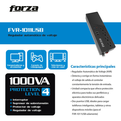 Regulador De Voltaje Forza 1000va/500w Con 4 Tomas + 2 Usb