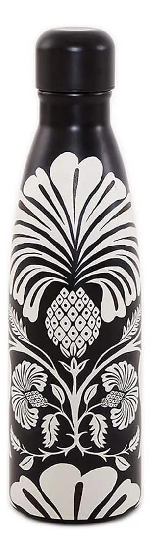 Garrafa Térmica Farm de Aço Inoxidável 500 mL Preta com Desenho Floral