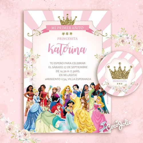 Kit Imprimible Princesas Disney, Glitter, Dorado, Cumple